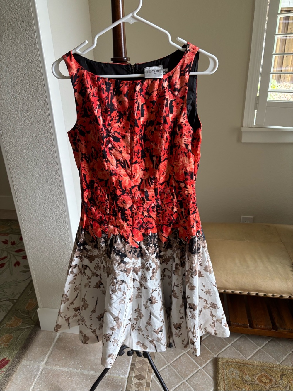 Floral Fit-and-Flare Dress in Red and Cream